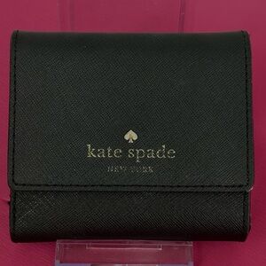 Kate Spade Black Tri Fold Polka Dot Interior Leather Wallet Excellent Condition